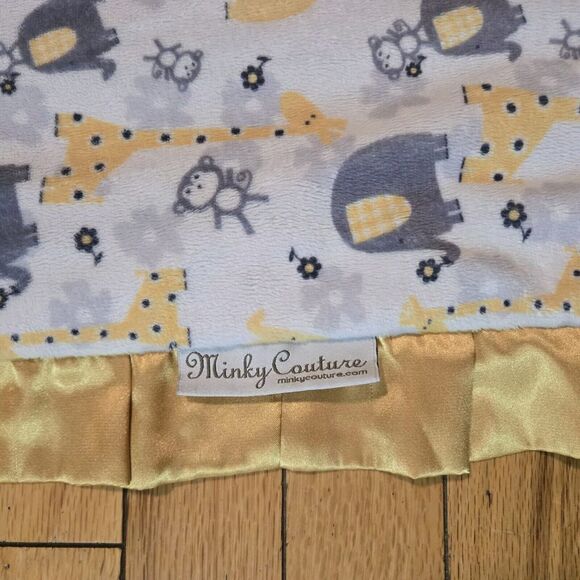 Minky Couture Elephant Monkey Giraffe Satin Trim Baby Blanket Gray Gold Soft - Picture 3 of 9